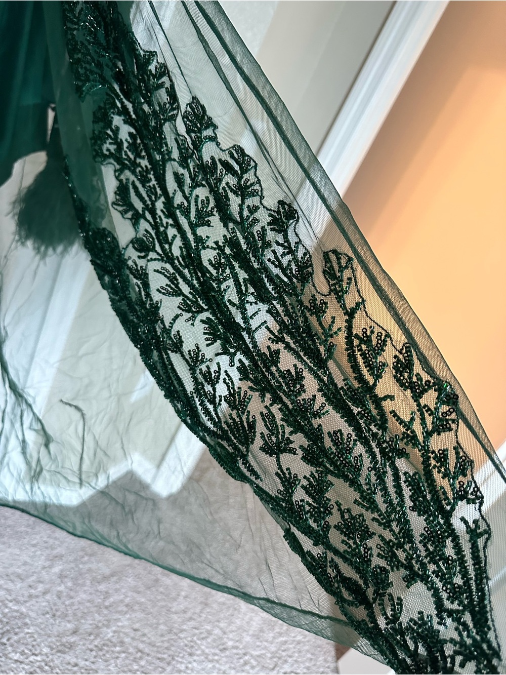 Embellished Dark Green Lehenga Beaded Crop Top with Feather Cuffs - Picture 5 of 8